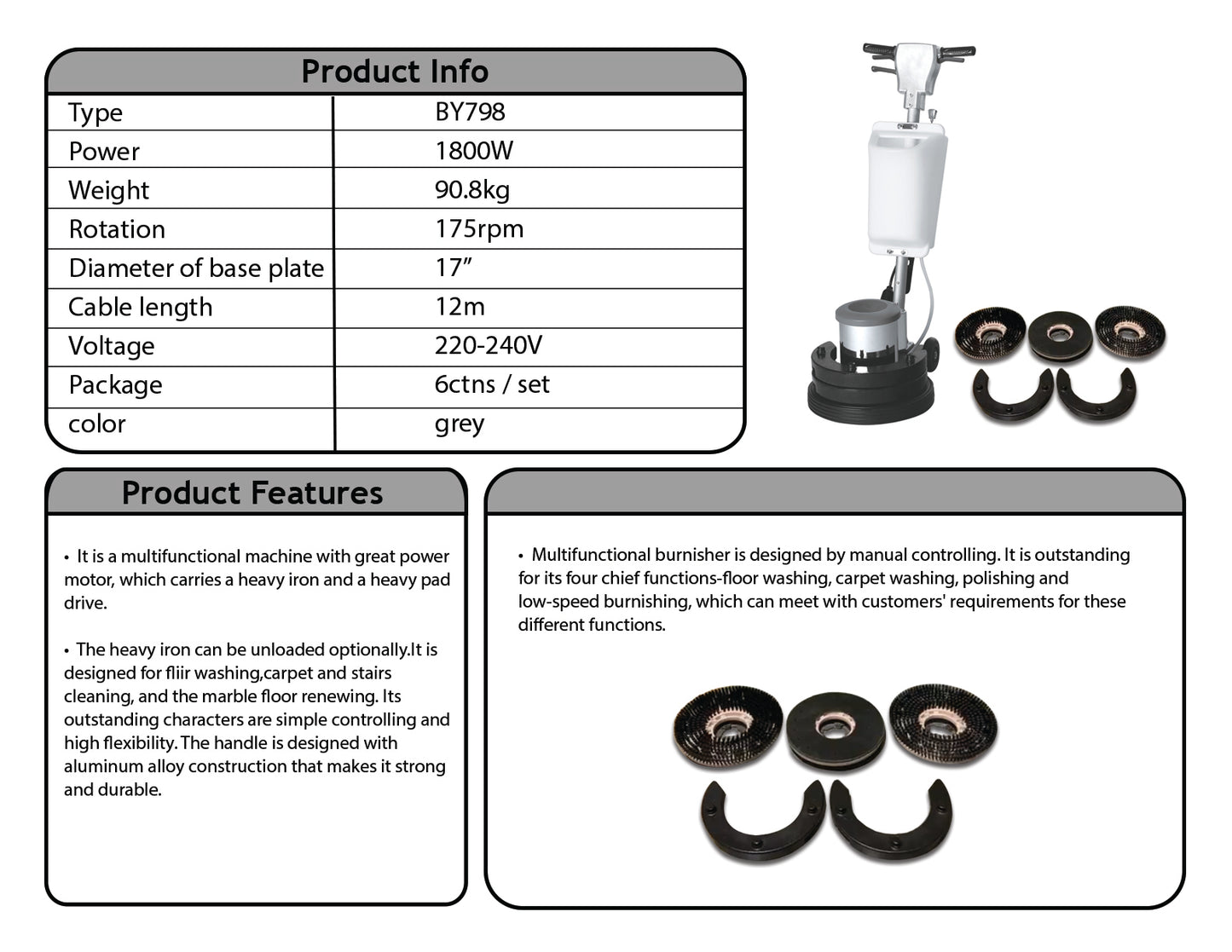 Zion Jan-San USA Low floor Buffer machine, 17" 2 Brush & 1 Pad holder, 2 Horse Shoes